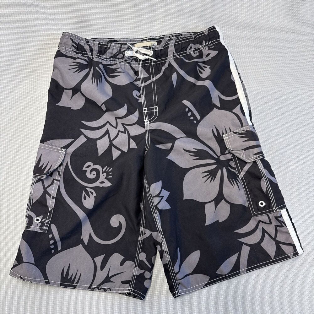 Boys Old Navy Black with Gray Floral Print Swim Trunk Bottoms Size XL (14-16)